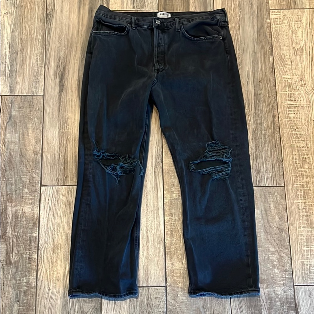 Agolde Black Pinch Waist 90s Straight Leg Jeans with Distressed Details